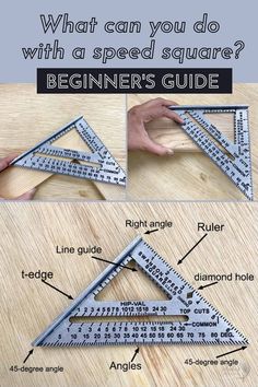 a wooden table topped with lots of different types of rulers and words that read, what can you do with a speed square?