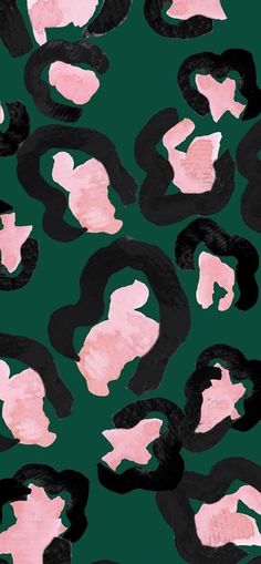 an abstract painting with black and pink shapes on a green background that resembles female silhouettes