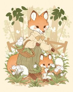 an illustration of a fox and her cubs in the grass with flowers on it's back