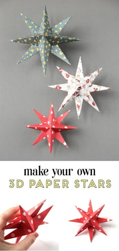 three red and white paper stars with text that reads make your own 3d paper stars