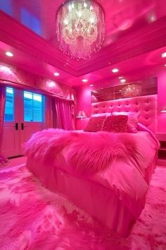 a pink bedroom with chandelier and bed in the middle is lit by lights