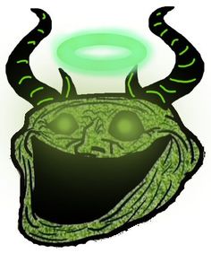 a drawing of a green creature with horns on it's head and glowing ring around its neck