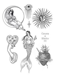 four different tattoo designs on a white sheet with the words causa efftto ii