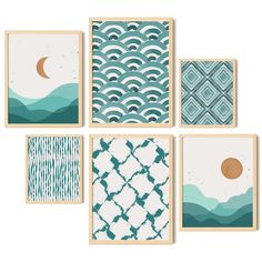 six framed art pieces with blue and green designs on them, each featuring an ocean theme