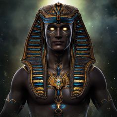 an egyptian man with glowing eyes and headdress in front of a star filled sky