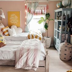 Rick Rack Stripe Grateful Pink Peel and Stick Wallpaper - Maker & Moss Teen Girl Shared Bedroom, Shared Teen Girls Room, Shared Girls Room, Nesting With Grace, Shared Bedroom, Twin Beds, Shared Room, Girl’s Room, Deco Boheme