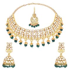 PRICES MAY VARY. Please confirm the size using model image and size dimensions. Traditional Bridal Jewelry Set, Content: a) 1 Choker Necklace: L x W: 16 Inch x 1.8 Inch (40.6 cm x 4.57 cm) with an adjustable chain and 'S' Hook Closure, b) A pair of Jhumki Earrings L x W: 2.2 Inch x 0.9 Inch (5.58 cm x 2.28 cm) & c) Maangtikka: L x W: 5.5 Inch x 0.6 Inch (13.97 cm x 1.52 cm), Metal: alloy. High quality plating, gold tone, long lasting, Skin Friendly, hypoallergenic, look of fine quality jewellery Green Jewelry For Marriage And Festivals, Green Latkans Jewelry Sets For Wedding, Green Wedding Jewelry Sets With Latkans, Traditional Bridal Jewelry, Indian Jewelry Set, Earring Bridal, Traditional Necklace, Jhumki Earrings, Maang Tikka