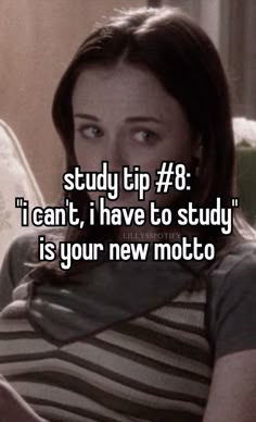 a woman sitting on top of a couch with the words study tip 8 i can't