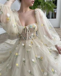 @tetutamatoshi Beige Square, Embroidery Tulle, Sleeves Embroidery, Gaun Fashion, Prom Dress Inspiration, Cute Prom Dresses, Pretty Prom Dresses, Fairytale Dress, Tulle Wedding Dress