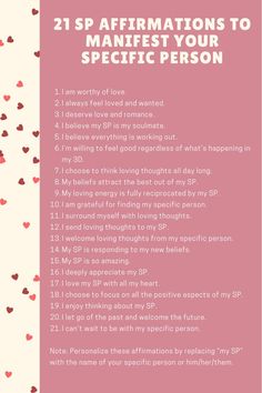 a pink poster with hearts on it and the words 21 affirmations to manfest your