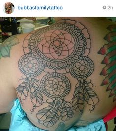 the back of a woman's shoulder with an intricate tattoo design on her stomach