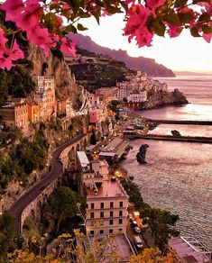 the town is next to the water with pink flowers growing on it's sides