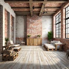 an industrial loft with exposed brick walls and wooden flooring is furnished with white furniture