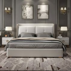 a modern bedroom with gray walls and white bedding, two lamps on either side of the bed