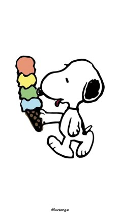 a drawing of a snoopy eating an ice cream cone with his feet on the ground