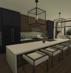 an image of a modern kitchen setting with white counter tops and stools in the center