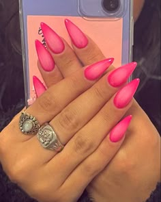 Hot Pink Design Nails, Baddie Nails Summer, Stiletto Nails Pink, Almond Acrylic Nails Designs, Pink Tip Nails, Elegant Touch Nails, Bright Pink Nails, May Nails, Airbrush Nails