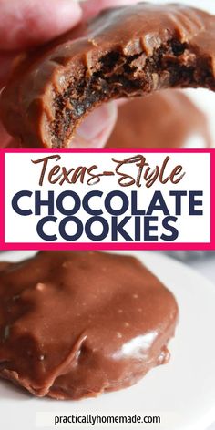 two chocolate cookies on a white plate with the title text texas style chocolate cookies overlay