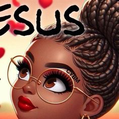 an image of a woman wearing glasses with the words jesus on her face and hearts in the background