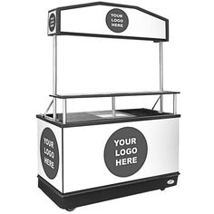 a white and black ice cream cart with the words your logo here on it's side