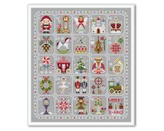 a cross stitch pattern with christmas decorations on the front and side, in grey background