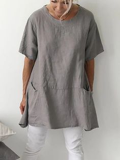 Solid Short Sleeve Crew Neck Pockets Shirt Tunic Tops Outfit, Linen Outfits, Plus Size Linen, Pocket Shirt, Casual Blouse, Plus Size T Shirts, Pure Color, Shorts With Pockets, Women's Casual