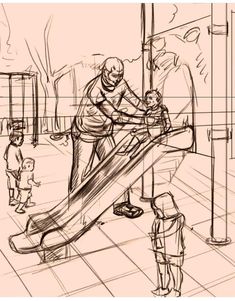 a drawing of a man playing on a slide in the park with his two children