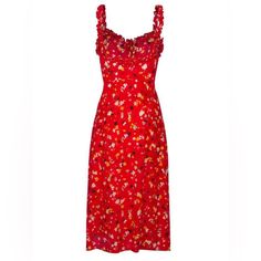 Time To Bring The Heat In This Hot Little Number!! Silky Floral Print Dress That Buttons Up The Entire Front. Cute Ruffle Spaghetti Straps With Stitching Under The Bust. Note: Runs Extremely Small. 89% Nylon, 11% Elastane. Wash With Similar Colors. Imported. Red Floral Print Sundress For Day Out, Flirty Red Sundress For Spring, Red Sundress For Spring Party, Red Sundress For Spring Garden Party, Red Sundress For Summer Garden Party, Red Party Sundress For Spring, Red Midi Sundress For Garden Party, Red Ruffled Sundress For Brunch, Red Flirty Sleeveless Sundress