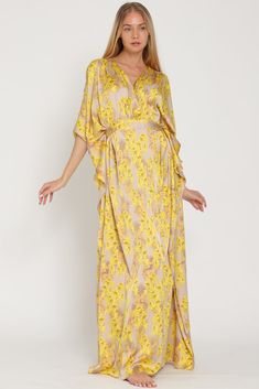 Silk Dresses With Kimono Sleeves For Daywear, Daywear Dresses With Floral Print And Kimono Sleeves, Yellow Evening Kaftan, Spring Evening V-neck Kaftan, Summer Evening Floral Print Kaftan, Yellow Silk Dress For Daywear, Yellow Silk Dress For Vacation, Yellow Silk Vacation Dress, Yellow Kimono