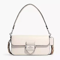 Refined Pebble Leather And Snake-Embossed Leather Inside Zip And Multifunction Pockets Snap Closure, Fabric Lining Detachable Handle With 9" Drop Outside Open Pocket Detachable Strap With 21 1/4" Drop For Shoulder Or Crossbody Wear 10 1/2" (L) X 5 1/2" (H) X 2 1/2" (W) Style No. Ce561 Designer White Coach Shoulder Bag, White Top Handle Bag With Silver-tone Hardware, White Shoulder Bag With Silver-tone Hardware, Designer White Coach Bag, White Coach Evening Bag, White Rectangular Coach Shoulder Bag, White Crossbody Bag With Silver-tone Hardware, White Coach Shoulder Bag For Formal Occasions, Designer White Bags With Silver-tone Hardware