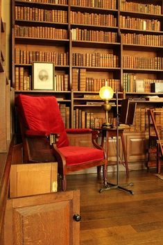 an old library filled with lots of books and desks next to a lamp on top of a wooden floor