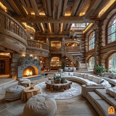 a large living room with lots of furniture and a fire place in the middle of it