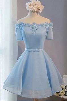 A Line Off The Shoulder Homecoming Dress Tulle Party Dress,WD119 Prom Dresses Short Blue, Blue Graduation Dresses, Baby Blue Prom Dresses, Rose Prom Dress, Prom Dress Short Lace, Short Sleeve Prom Dresses, Organza Bow, Tulle Party Dress, Homecoming Dresses Lace