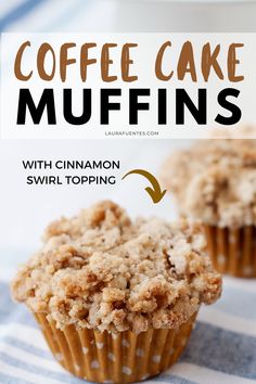 coffee cake muffins with cinnamon swirl topping on a blue and white striped towel