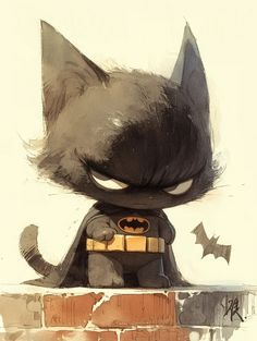 a drawing of a batman cat sitting on top of a brick wall