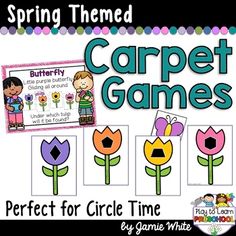 the spring themed carpet games for circle time with flowers and butterflies on each one side