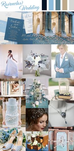 a collage of wedding photos with blue and white colors, including the bride's dress