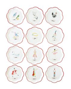 The 12 Days of Christmas Paper Plate Set by My Mind’s Eye includes twelve white holiday party plates with red trim, each displaying a unique visual representation and text label from the 12 Days of Christmas song. Perfect for adding a festive touch to any Christmas gathering. Paper Christmas Plates, Christmas Dinner Plates, Christmas Paper Plates, The 12 Days Of Christmas, Holiday Goodies, Holiday Songs, Christmas Plates, Party Plates, Holiday Themes