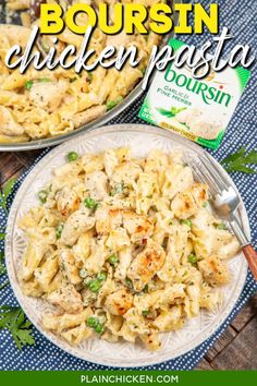 two plates filled with chicken pasta next to a box of bourstin chicken parmesan