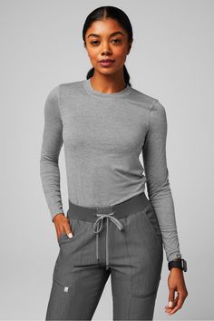 Core Long-Sleeve Underscrub Fabletics Heather Grey female Activewear >> Scrubs >> Tops >> Product Feed Dry-Flex regular 4-Way Stretch/Lightweight/Moisture-Wicking Under Scrub Long Sleeve, Scrubs With Long Sleeve Shirt, Female Activewear, Scrub Style, Feeling Hot, The Office Shirts, Cute Outfits For School, Scrubs Nursing, Scrub Tops