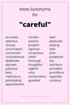 a pink poster with the words more syonyns for careful