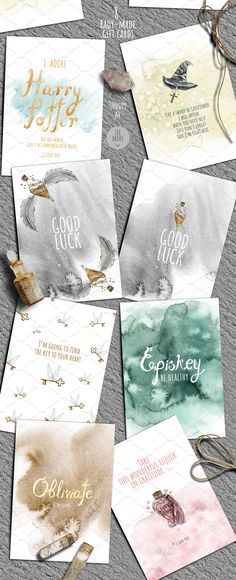 six watercolor cards with gold foil lettering on them, all in different colors and sizes