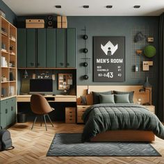 a bedroom with dark green walls and wooden flooring is furnished with modern furniture, including a bed