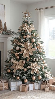 a decorated christmas tree with presents under it