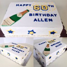 a 50th birthday cake with an image of a bottle of wine on it and the words happy 60th birthday allen