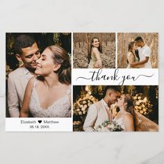 the wedding thank card features four photos