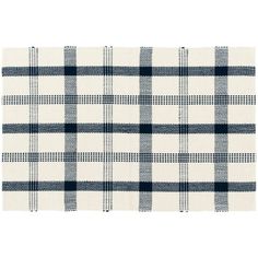 a white and blue plaid rug on a white background