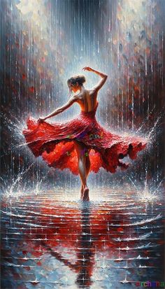 a painting of a woman dancing in the rain with an umbrella over her head and red dress