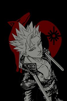 an anime character holding two swords in front of a red and black background with the sun behind him