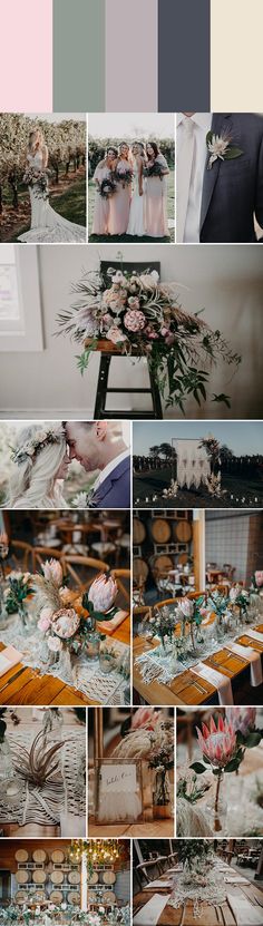 a collage of photos with flowers and greenery on them, including the bride's bouquet